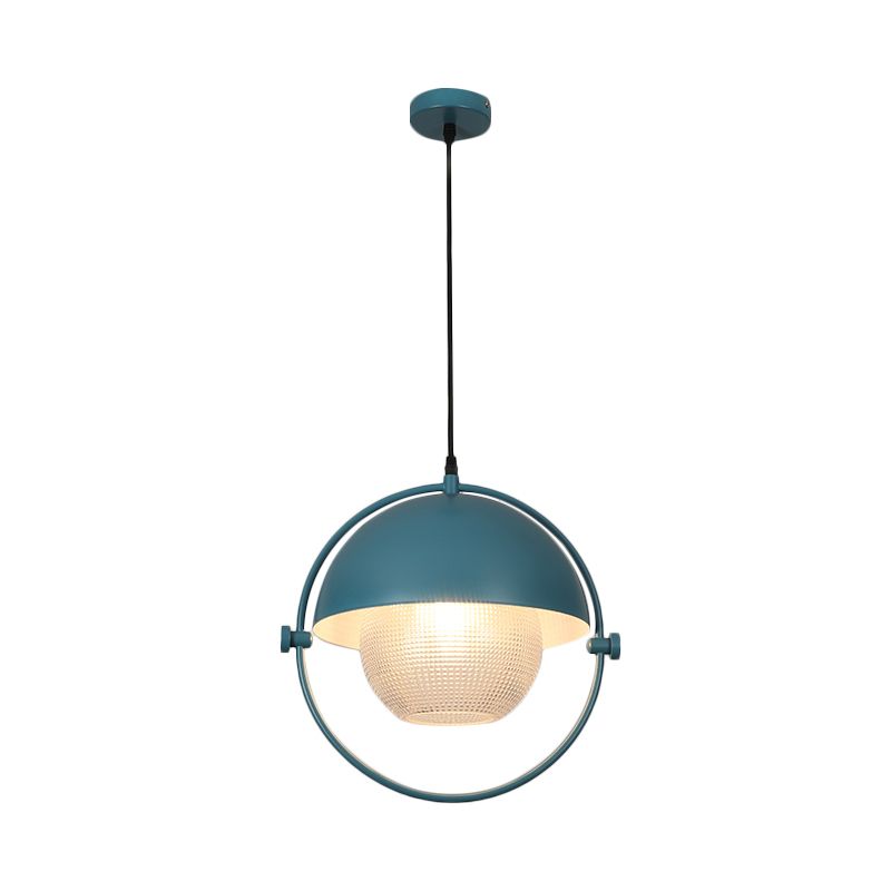 Modern Semicircle Hanging Light Kit 1 Bulb Metal Pendant in Blue/Gold with Ball Clear Latticed Glass Shade