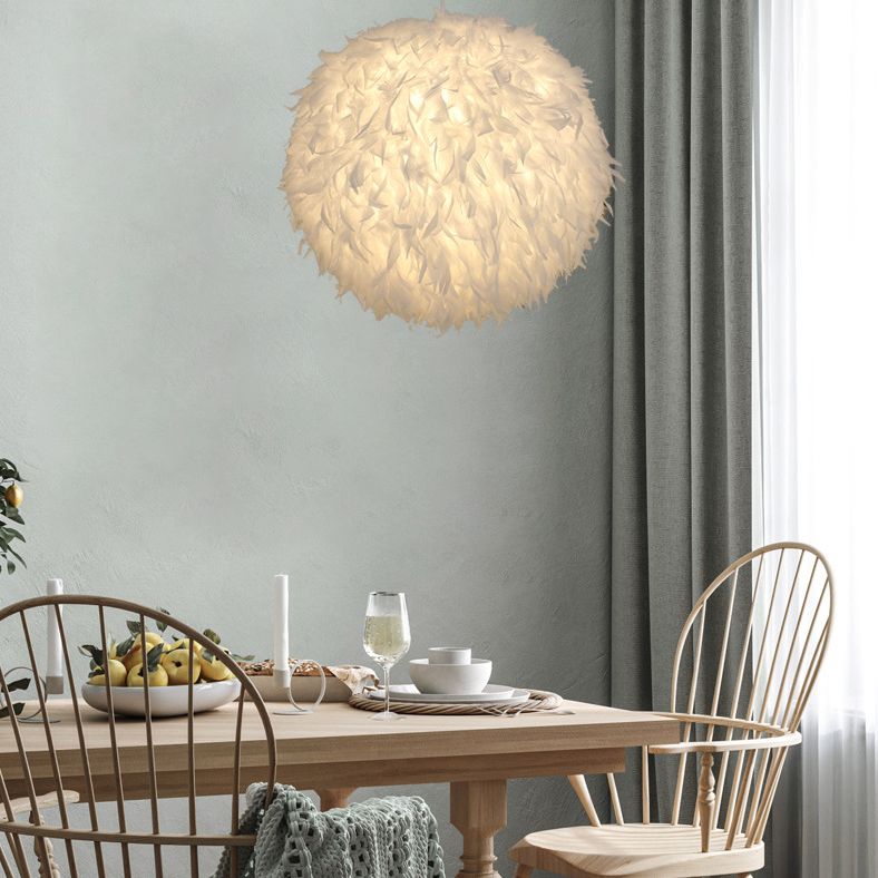 Modern Style Pendant Lighting Fixture White Globe Hanging Lamp with Feather Shade
