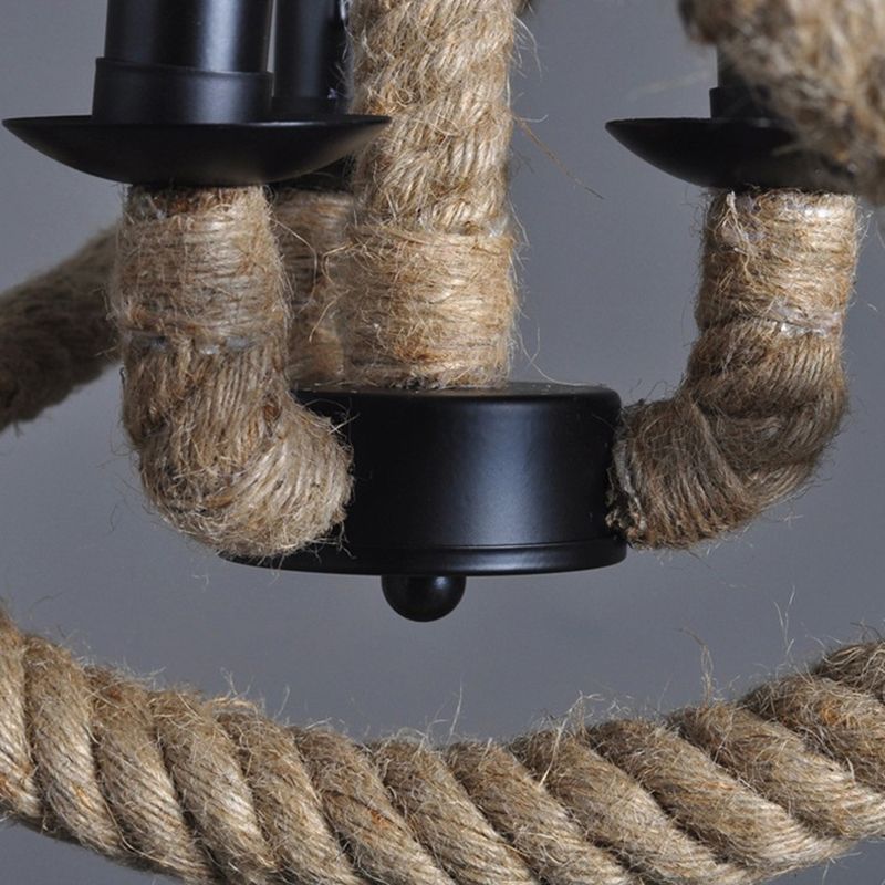 Globe Metal Pendant Lighting Industrial 3 Lights Hemp Rope  Chandelier Hanging Light Fixture in Black