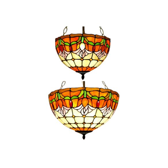 Orange Bowl Pendant Light 12"/16" Width Tiffany Rustic Stained Glass Chandelier for Foyer