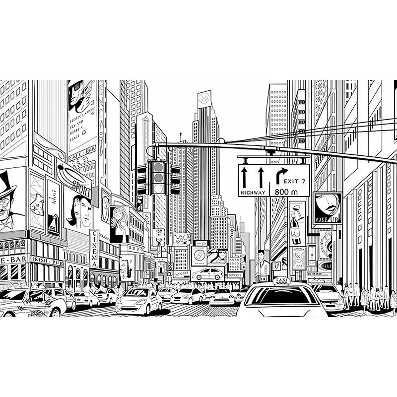 Illustration Style Mural Wallpaper Urban Crossroad and Street Custom Wall Art for Coffee Shop, Made to Measure