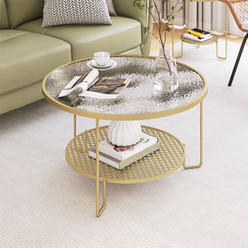 Contemporary Cocktail Table with Glass Top and Iron Base and Shelf