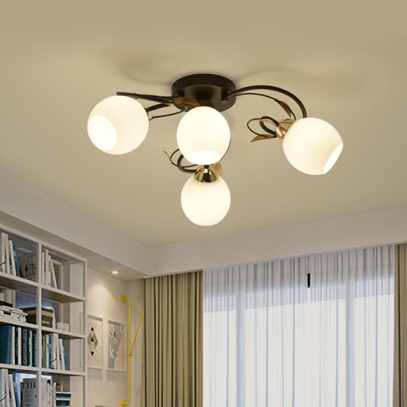 Globe White Glass Semi Flush Light Traditional 4/6/9 Lights Living Room Ceiling Mounted Fixture in Black