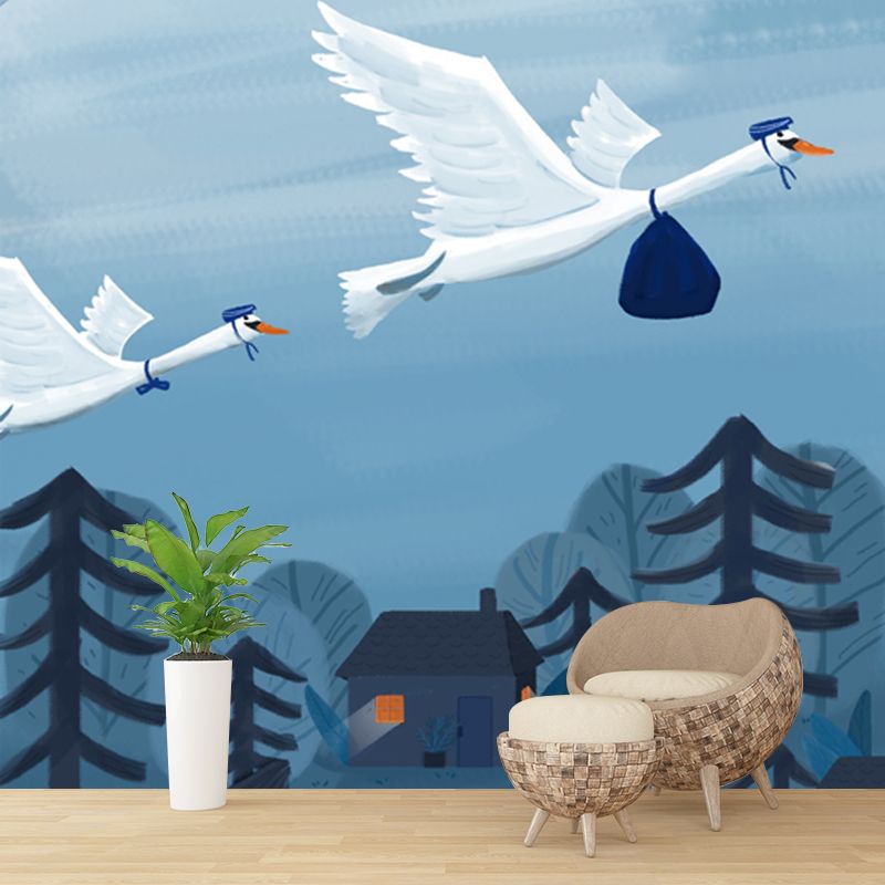 Blue-White Bird Migration Mural Stain Resistant Cartoon Kids Bedroom Wall Covering