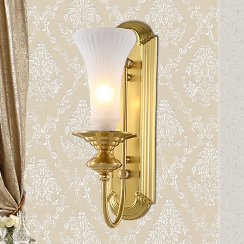 1/2-Bulb Bell Wall Sconce Lamp Colonial Gold Frosted White Glass Wall Light with Metal Gooseneck Arm