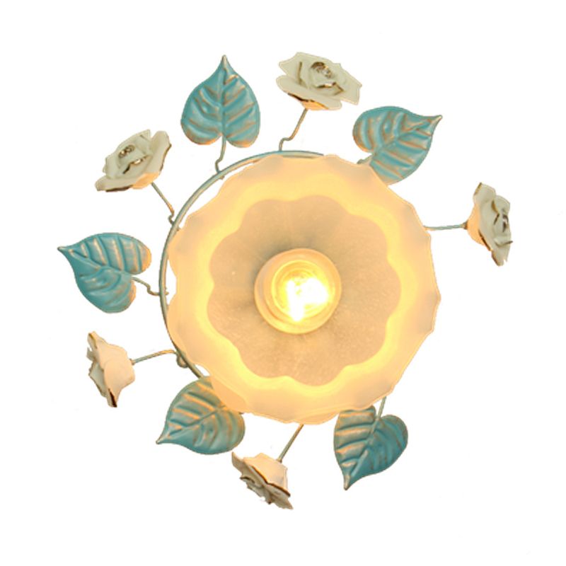Floral Shape Living Room Flush Mount Pastoral Frosted White Glass 1-Light Blue Ceiling Flush Mount Light