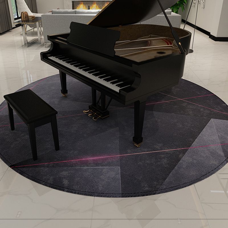Round Black Tone Casual Indoor Rug Polyester Lines Print Rug Non-Slip Backing Indoor Rug for Living Room