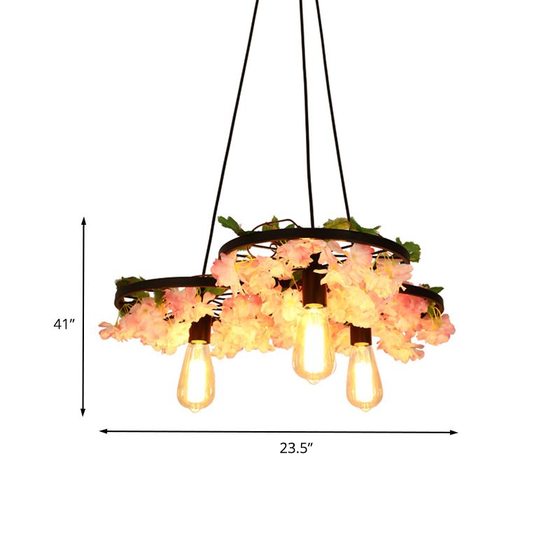 Bare Bulb Metal Chandelier Light Industrial 3 Bulbs Restaurant Hanging Lamp in Black with Cherry Blossom