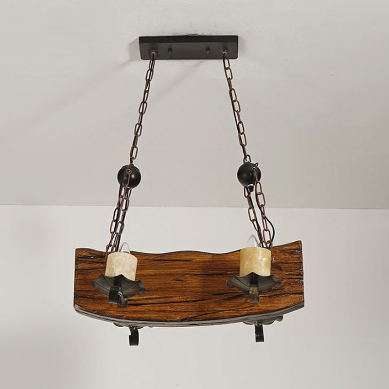 Rectangle Wood Board Island Lamp Rural 4 Bulbs Restaurant Down Lighting Pendant with Candle in Brown