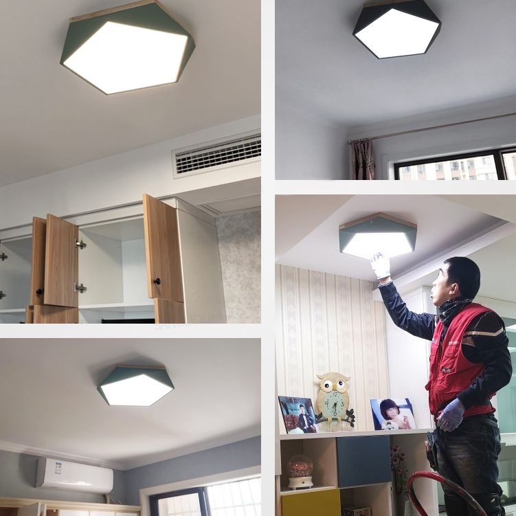 Plafonnier à LED géométrique en bois de style minimaliste moderne avec encastrement en fer forgé macaron avec abat - jour en acrylique