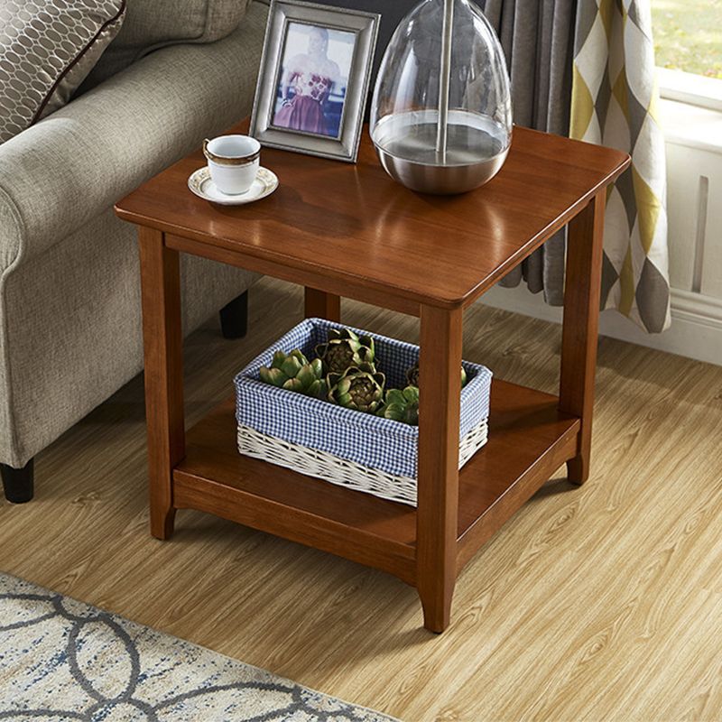 Country Double Tier Wood End Table 4 Legs Sofa Side Table with Shelf