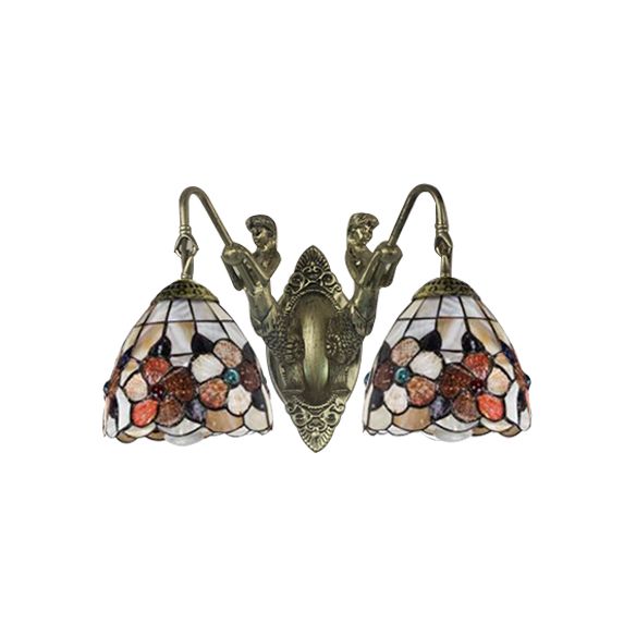 Beige Petal Wall Mount Light Victorian 2 Heads Multicolor Shell Sconce Light with Mermaid Backplate