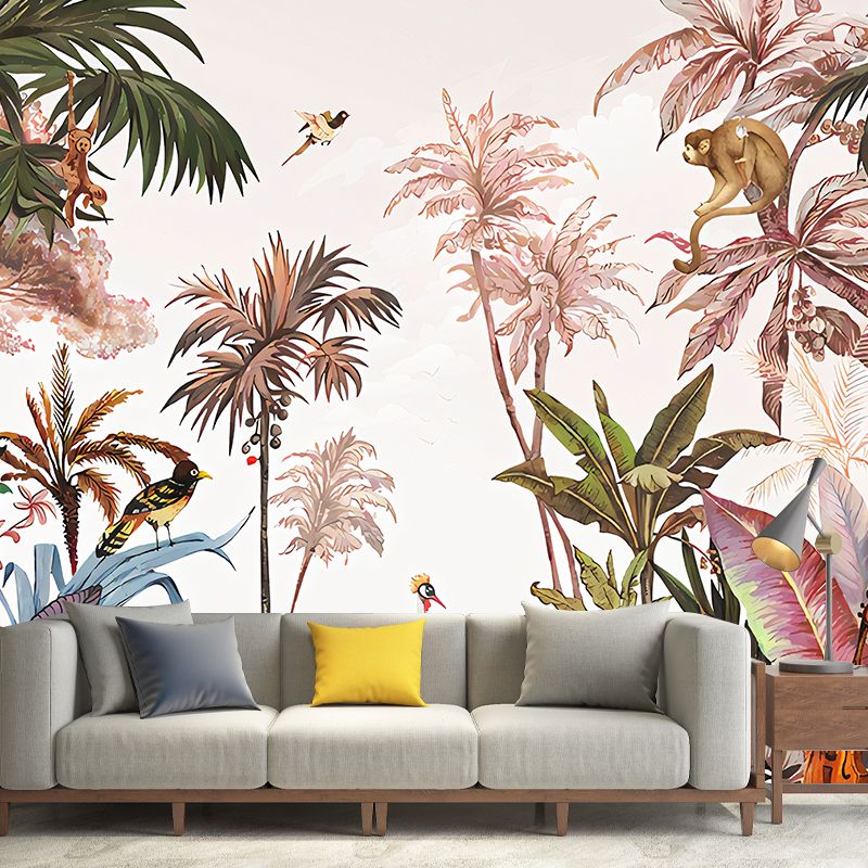 Extra Large Simple Wall Decor in Pink Plant and Bird Wall Mural Decal, Made to Measure