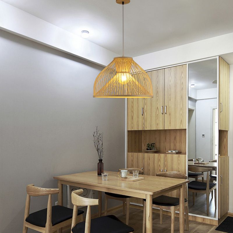 Bamboo Dome Suspension Pendant Light Contemporary 1 Head Wood Hanging Ceiling Light
