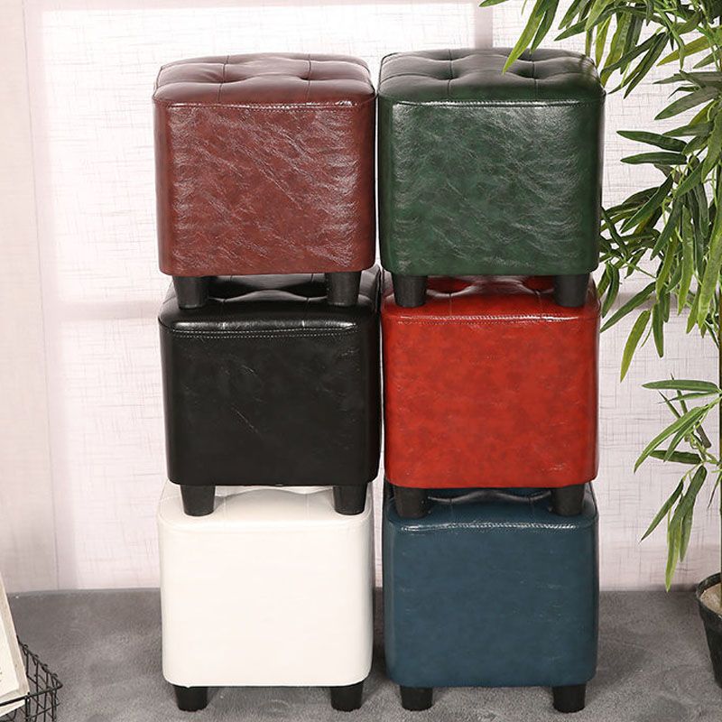 Modern Square Pouf Pure Color Tufted Upholstered Faux Leather Cube Ottoman