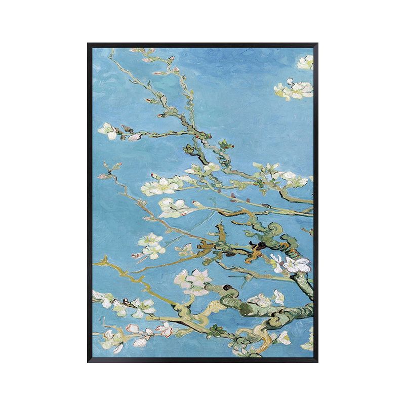 Blossoming Plum Branches Canvas Textured Country Living Room Wall Art Print in Blue