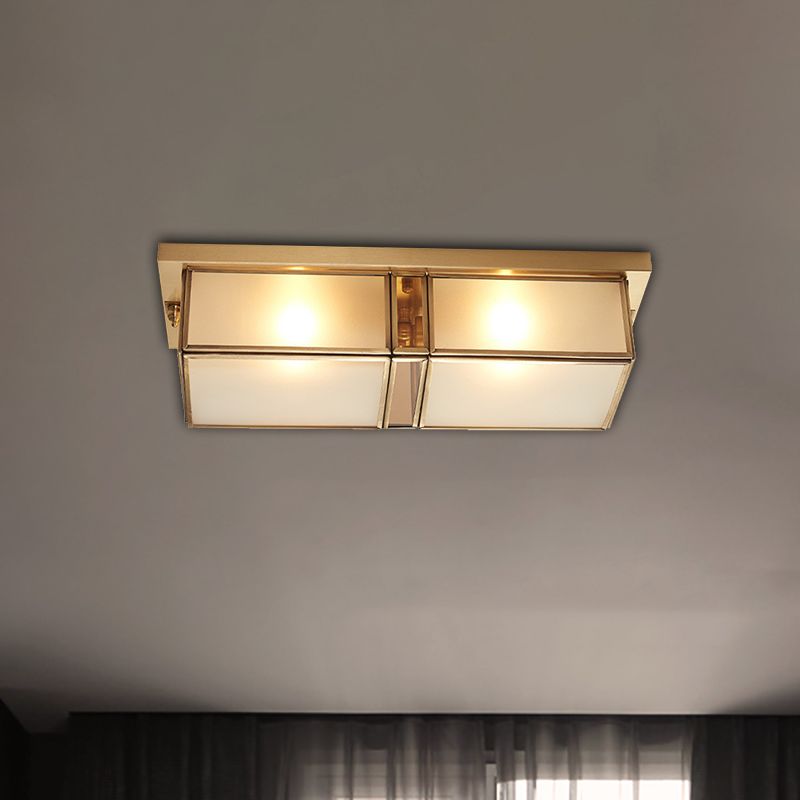 Brass Rectangle Flush Mount Fixture Classic Frosted Glass 4 Lights Living Room Flush Light