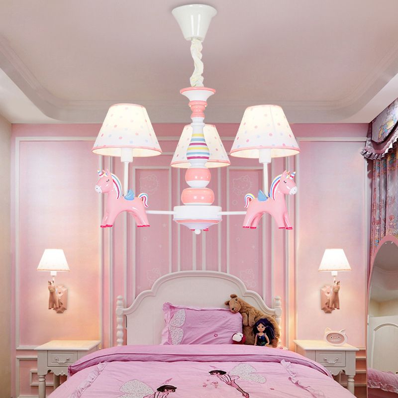 Resin Rainbow Unicorn Chandelier Light Cartoon Pink Ceiling Pendant with Tapered Fabric Shade for Nursery
