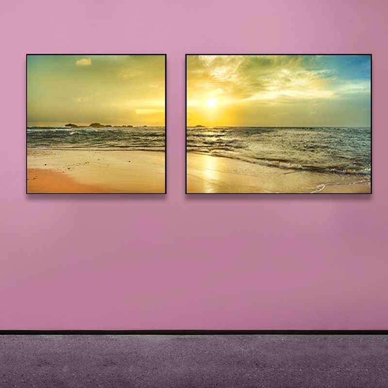 Toile de paysage de mer au coucher du soleil, décoration murale tropicale multi-pièces de couleur pastel pour la maison