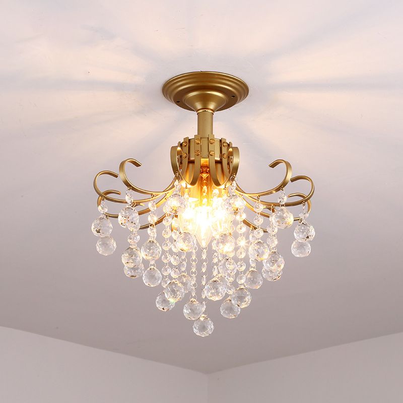 Farmhouse Bent Arm Frame Ceiling Light 3 Lights Metal Semi Flush Mount with Crystal Droplet