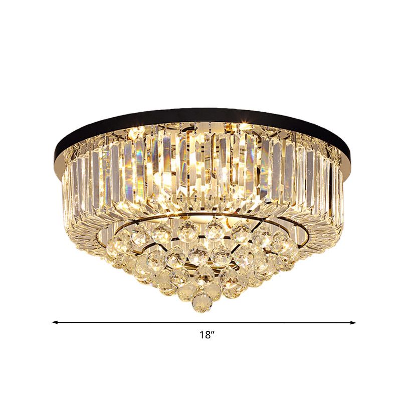 Drum Flush Mount Light Contemporary Tri-Sided Crystal Rod 4/6/9 Heads Black Ceiling Light Fixture, 14"/18"/23.5" Wide
