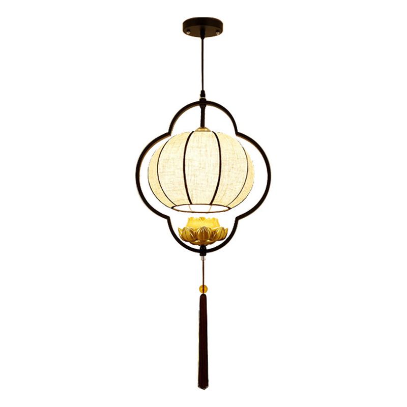 Living Room Ceiling Pendant Light Chinese Black Hanging Light Kit with Pumpkin Fabric Shade