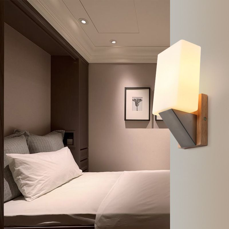 Modern Concise 1-Light Wall Lamp Wooden Geometric Wall Sconce with Glass Shade