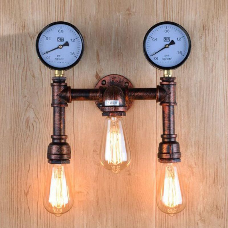 3 Bulbs Wall Light Fixture Vintage Water Pipe Metal Wall Sconce Lamp in Copper with 2-Gauge Deco