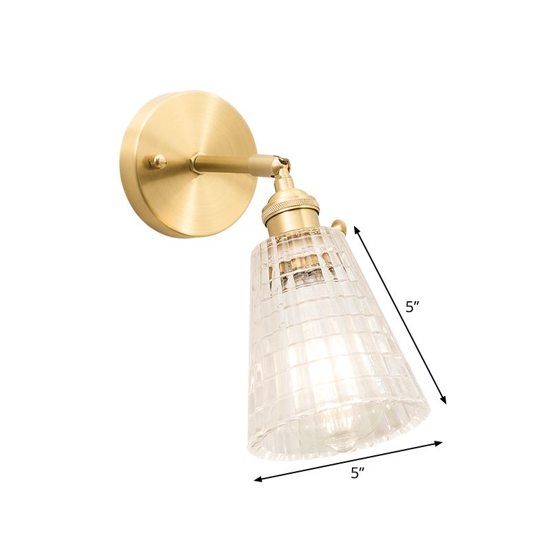 Conical Rotating Wall Light Kit Postmodern Clear Ribbed/Grid Glass 1 Light Gold Wall Mounted Lamp
