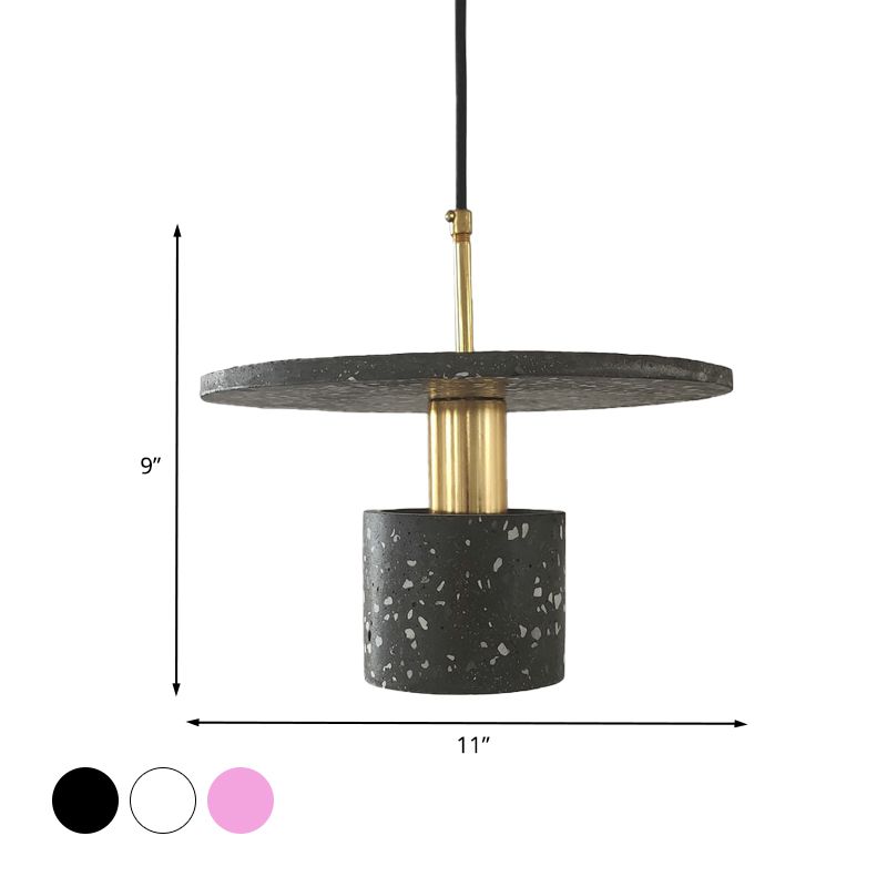 Round Plate and Cylinder Hanging Light Nordic Terrazzo 1-Light Coffee House Pendant Lamp in White/Black/Pink