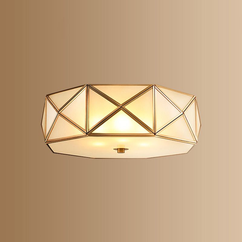 Glass Drum Ceiling Mount Light Fixture Traditional Bedroom Flushmount Ceiling Lamp in Brass