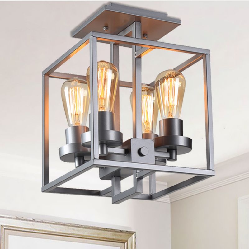 Square Living Room Semi Flush Industrial Style Metal 4 Lights Black/Silver/Gold Ceiling Lighting