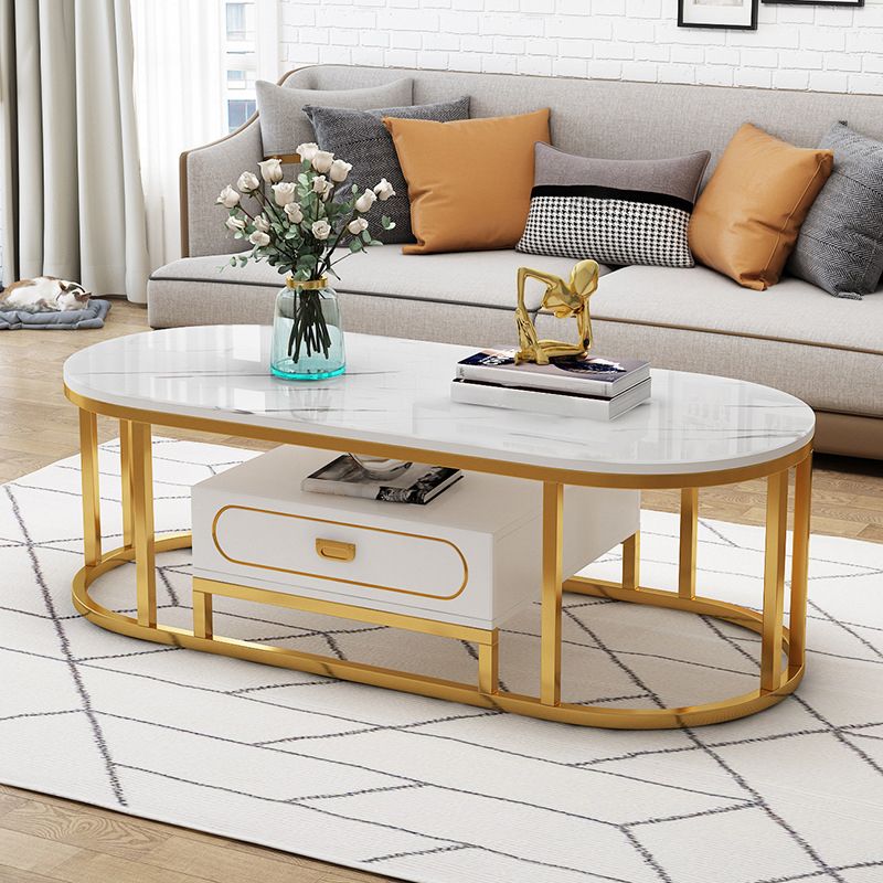 Oval Tempered Glass Frame Base Design Modern Style Coffee Table with Drawers