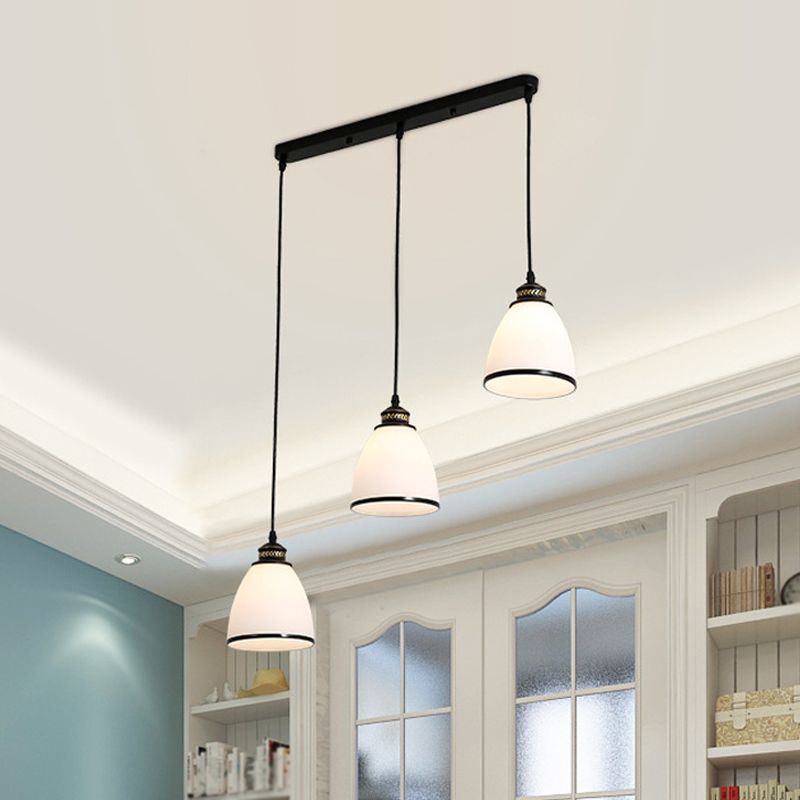 Minimalist Bell Cluster Pendant 3 Lights Ivory Glass Hanging Lamp with Round/Linear Canopy in Black