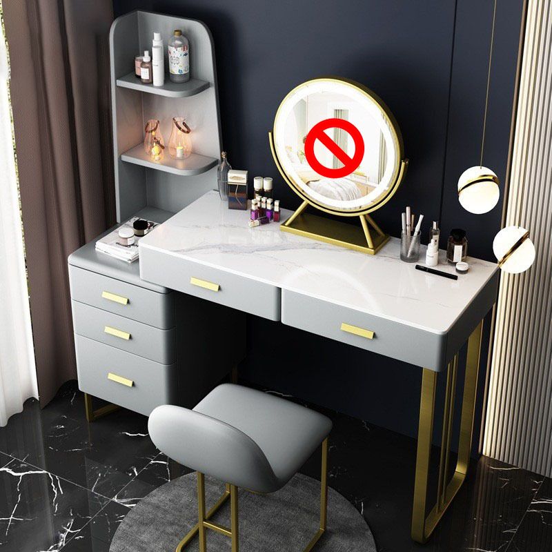 5 Wood Drawers Vanity Set with Stool in Grey Stone Top Dressing Table