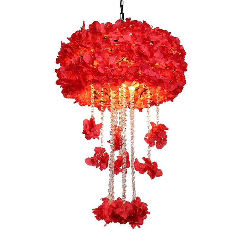 Chandelier à cage ronde Chandelier Vintage Iron 4-Bulb Red Flower Plafond Plateau avec perle en cristal