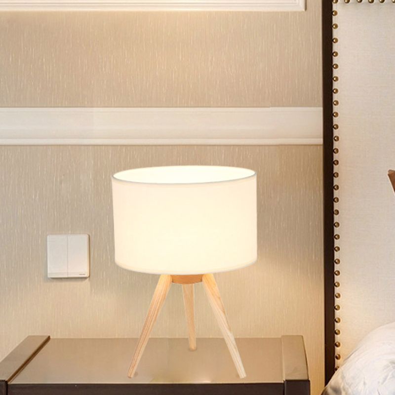 Drum Shade Tripod Night Lamp Novelty Minimalist Fabric Single Bedroom Table Light in Wood