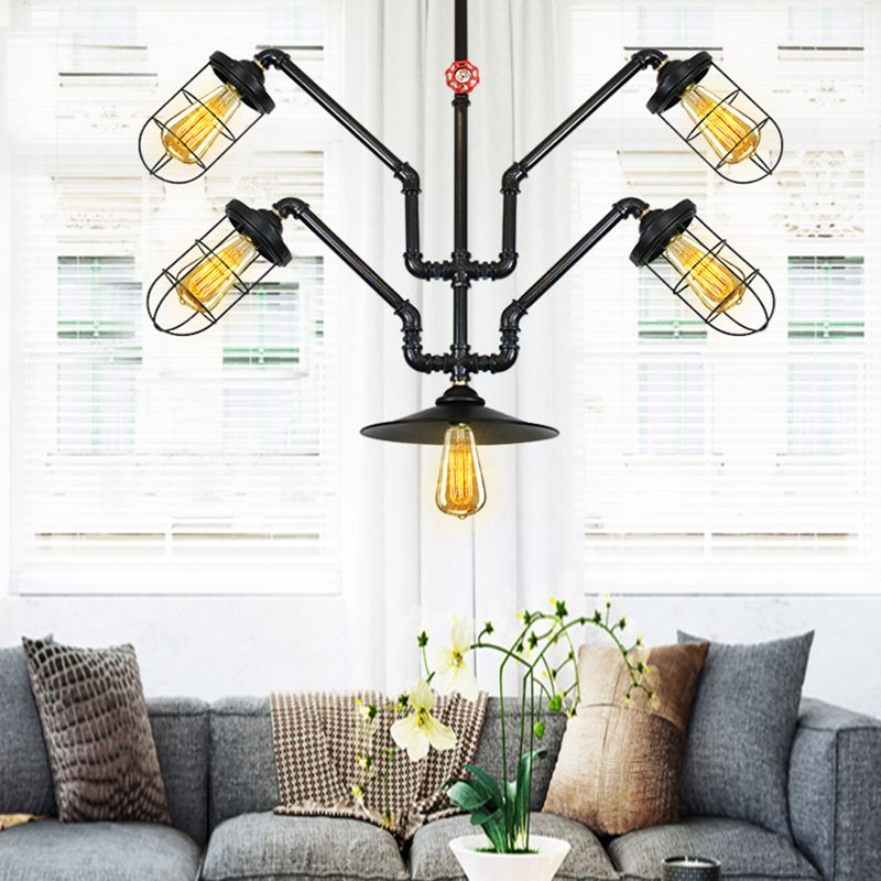 Abstract Pipe Living Room Pendant Vintage Metallic 5-Light Black Hanging Chandelier with Wire Cage