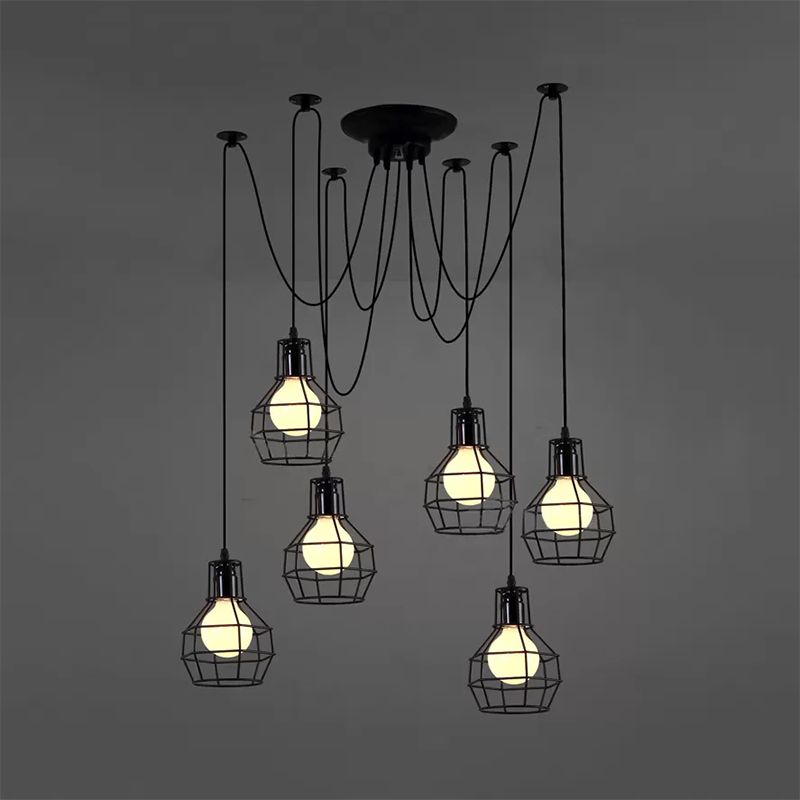 6 Bulbs Spider Pendant Hanging Light with Wire Guard Industrial Style Black/Gold Iron Ceiling Lamp for Dining Room