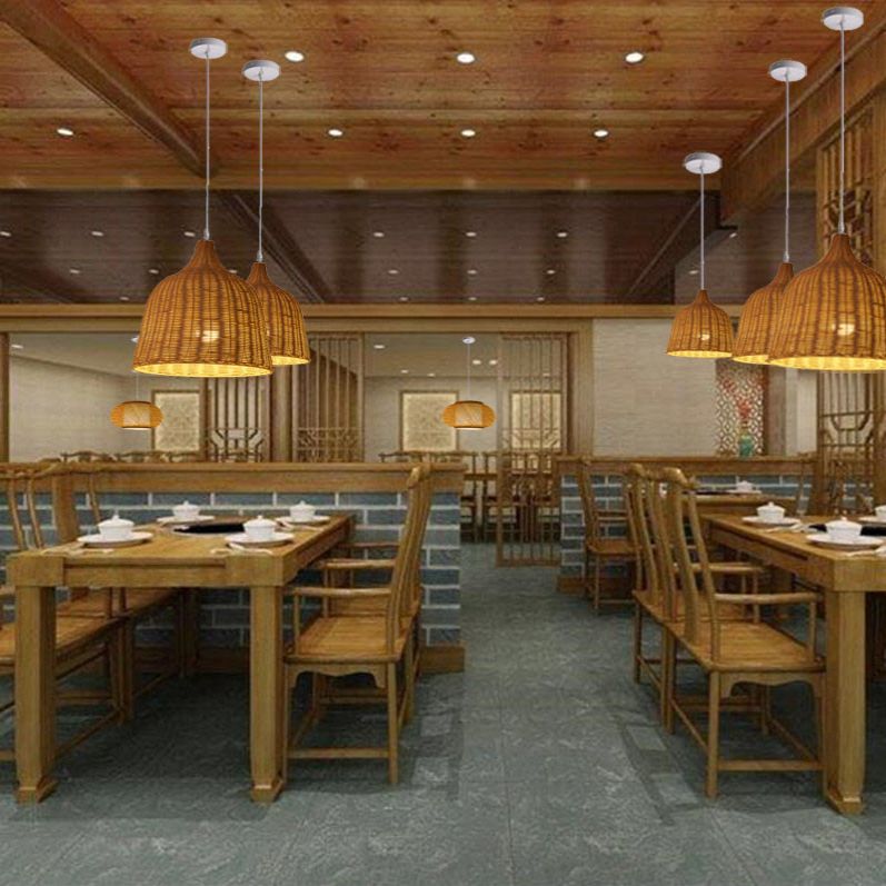 Chinese Basket Pendant Lighting Fixtures Rattan Hanging Light with Hanging Cord for Restaurant
