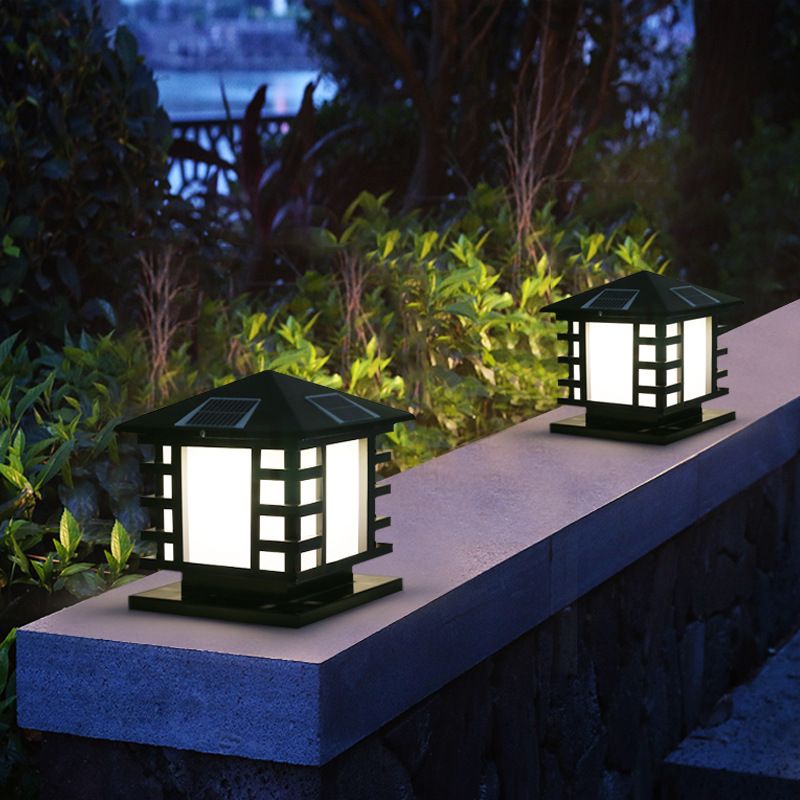 Metal Rectangle Shape Solar Pillar Lamp Modern 1 Light Waterproof Outdoor Light in Black