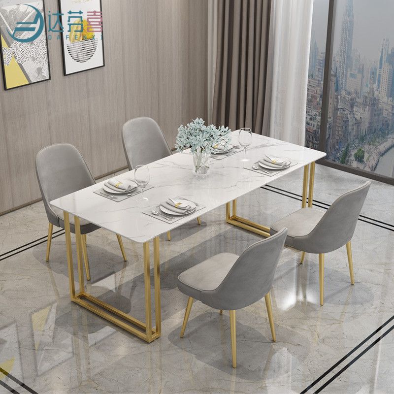 Glam Style Rectangle Stone Table for Restaurant Gold Sled Base Table
