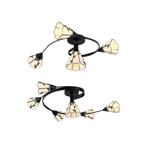 4/6 Heads Curved Semi Flush Light Tiffany Style Stained Glass Bedroom Semi Flushmount in White