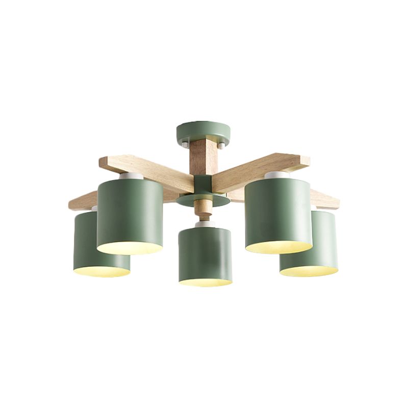 Cylindrical Metal Ceiling Chandelier Nordic 6-Head White/Green/Grey Suspension Lighting with Wood Arm