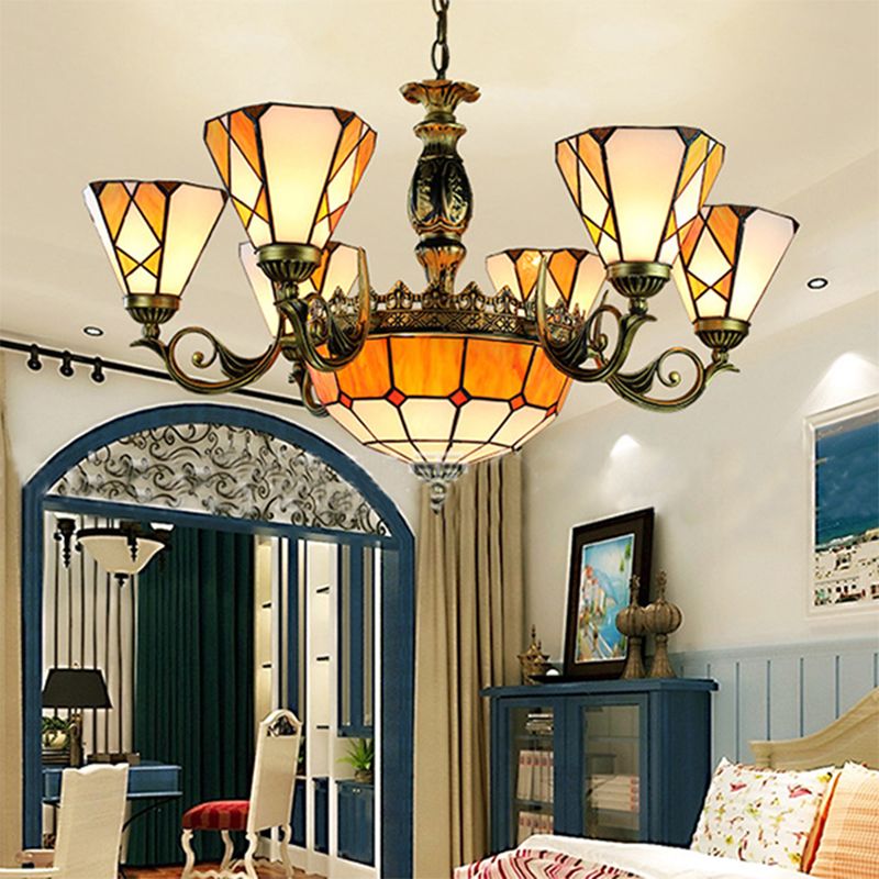 9 Lights Pendant Lamp Tiffany-Style Conical Stained Glass Ceiling Chandelier in Yellow for Bedroom
