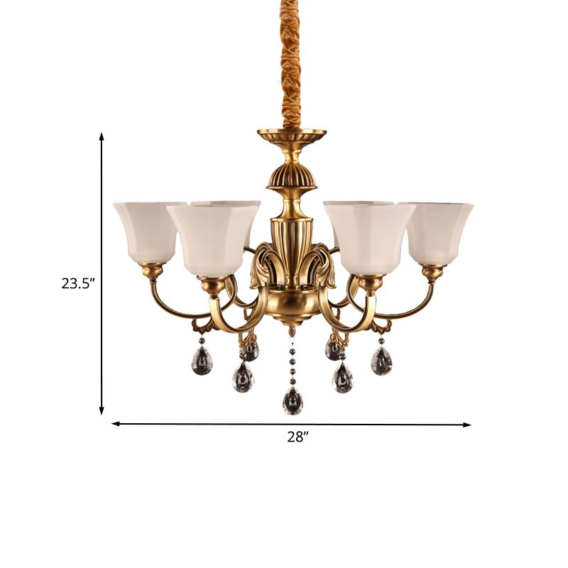 6-Bulb Chandelier with Bell Shade Frosted Glass Classic Hallway Ceiling Suspension Lamp in Brass