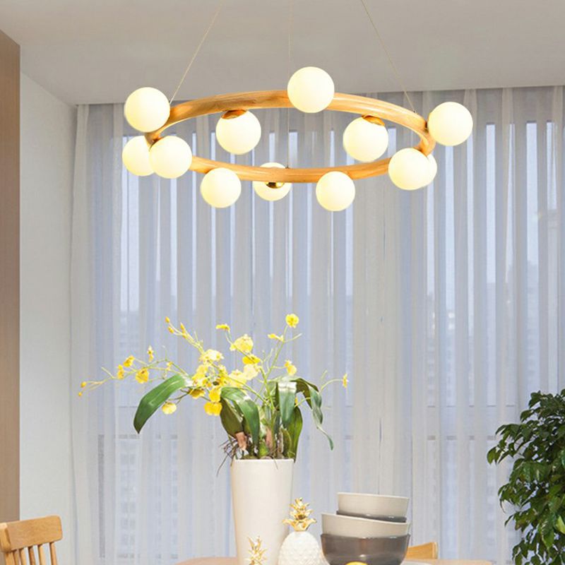 Circular Wooden Pendant Chandelier Minimalism Beige Hanging Light with Orb White Glass Shade