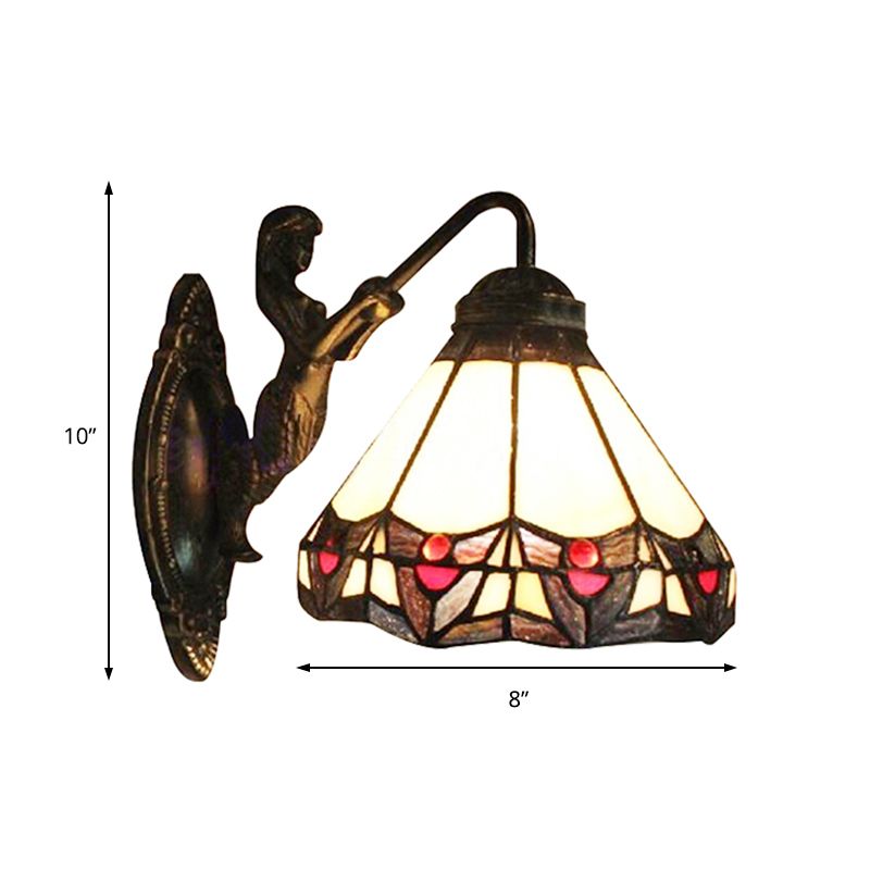Beige Glass Cone Wall Mounted Light Tiffany 1 Head Antique Bronze Sconce Light for Hallway