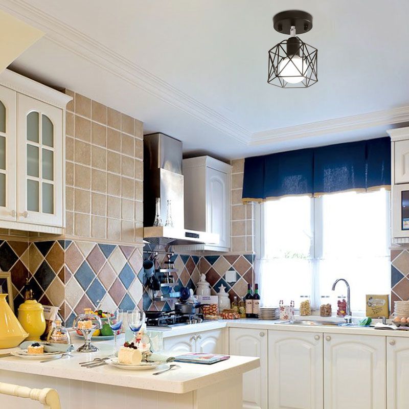 Semi-affleurant hexagonal à 1 lumière avec protection métallique, luminaire monté au plafond en fer noir pour Loft industriel, pour cuisine