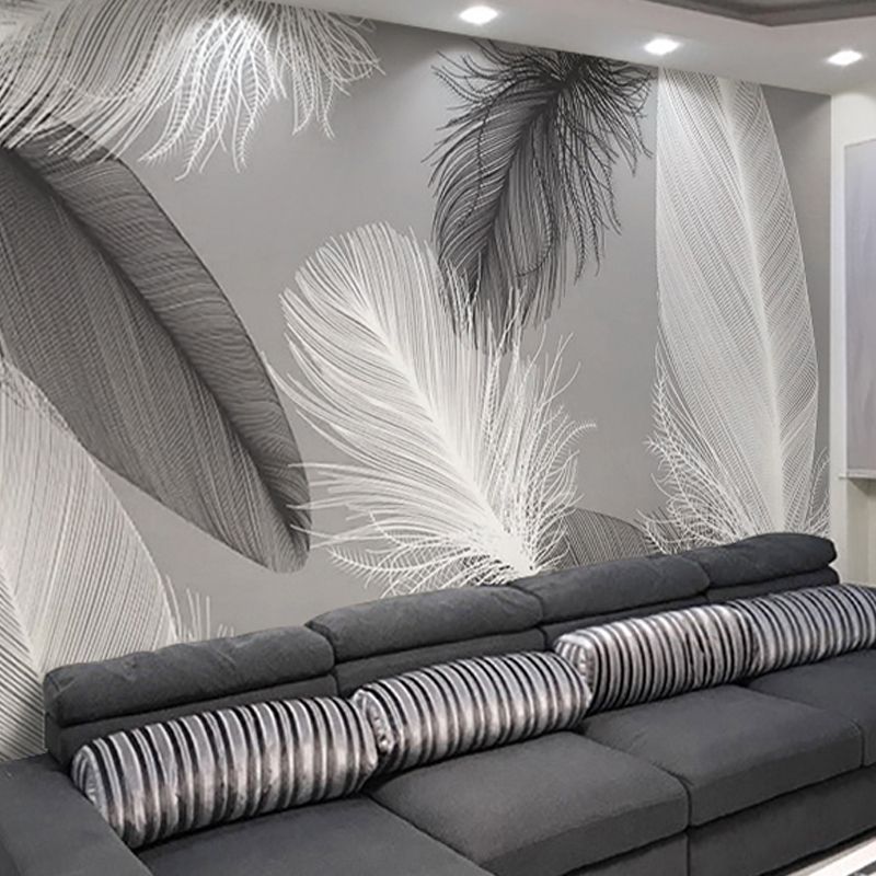 Whole Feather Mural for Living Room Fantasy Texture Wall Art in Grey, Stain-Resistant